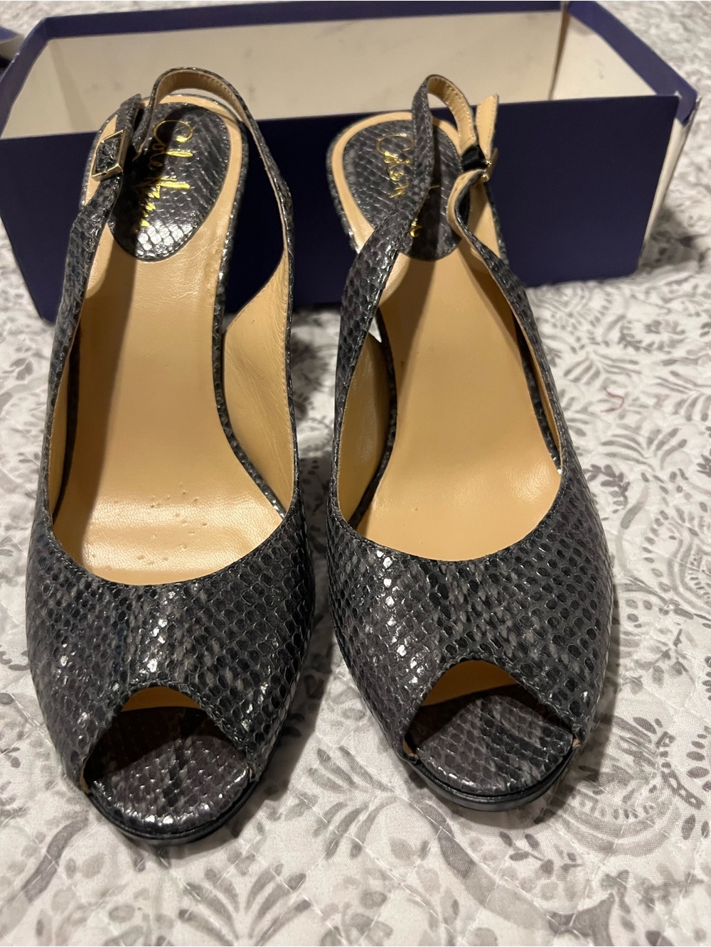 Cole Haan (Nike Air)  Black Snake-Pattern Peep Toe Slingback Heels